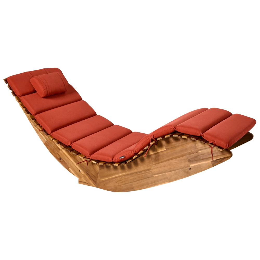 Lettino prendisole in legno di acacia Cuscino rosso a doghe Design a dondolo Forma curva