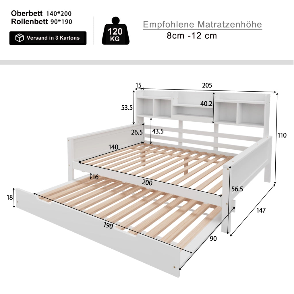 OKWISH Letto Divano 140×200 cm, Letto Matrimoniale con Letto Estraibile 90×190 cm, Contenitore e Mensole, senza Materasso, Legno, Bianco