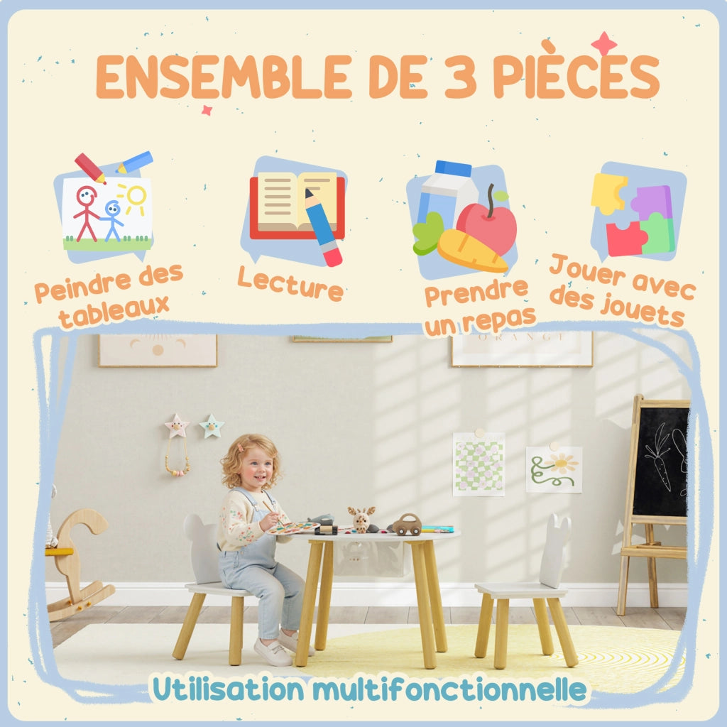 Set Tavolo Rotondo con 2 Sedie per Bambini ¨C Xylo ¨C Schienale a Forma di Orso, Attivit¨¤ e Pasti, 3-6 Anni