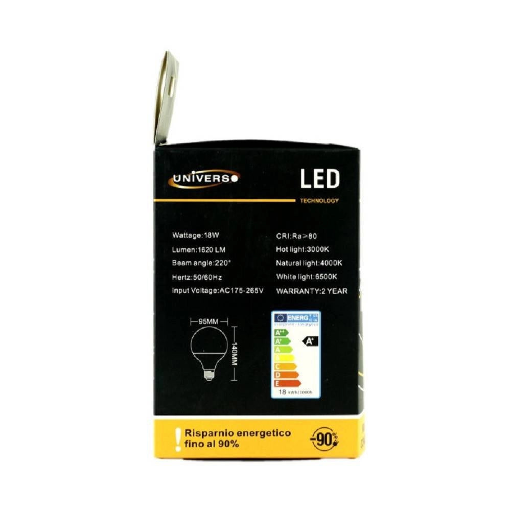 Trade Shop - Lampadina Led E27 A Globo G95 18 W Luce Bianco Caldo Freddo Naturale G95-02 - -bianco Caldo      -