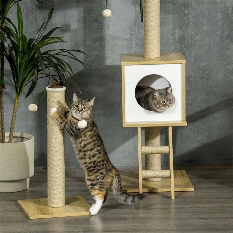 ALBERO PER GATTI IN TRUCIOLATO AD ALTEZZA REGOLABILE CON TIRAGRAFFI, CASETTA, AMACA E PALLINA, 40X40X225-285 CM