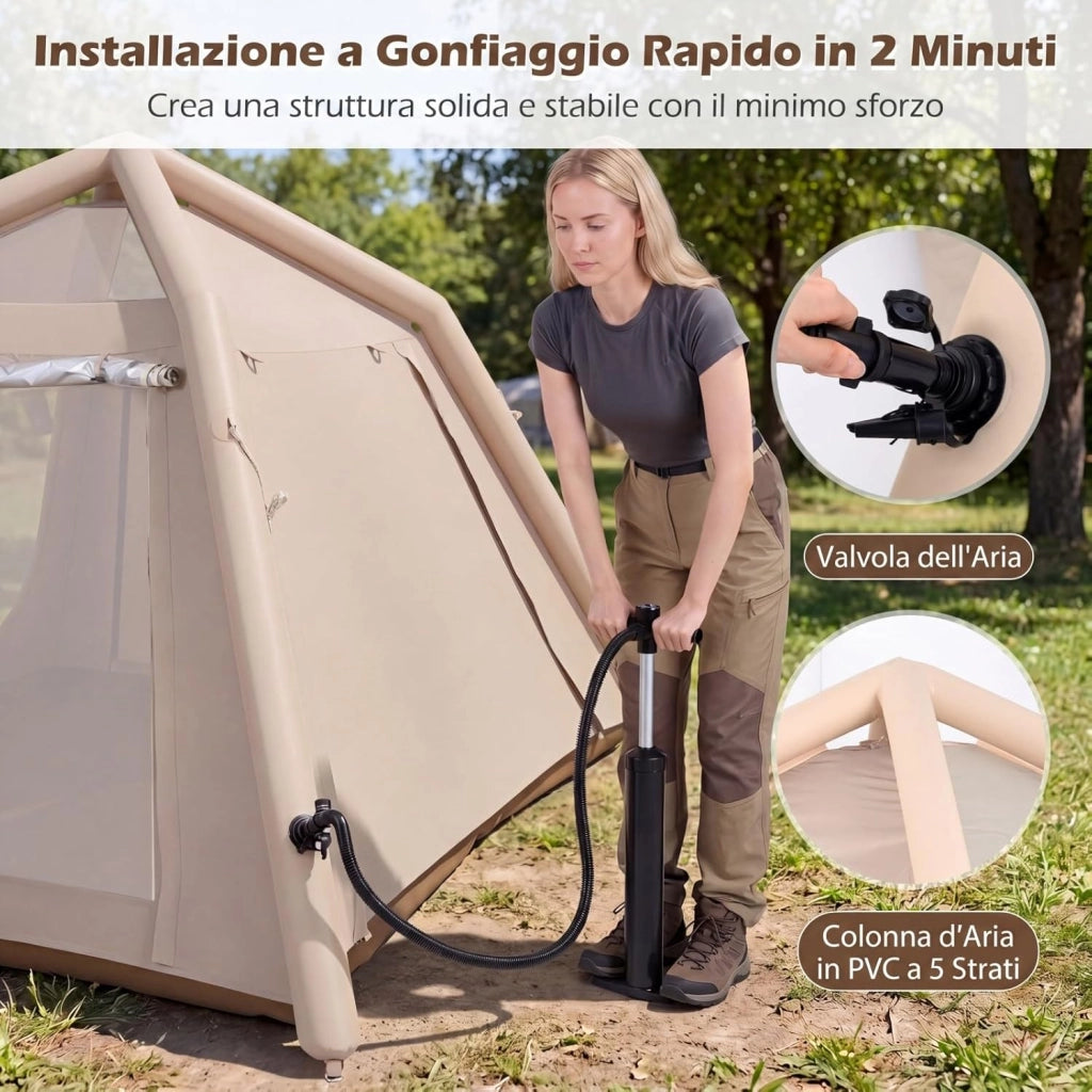 Tenda da Campeggio Gonfiabile, Tenda da Esterno Impermeabile per 2-4 Persone con 2 Porte e Finestre in Rete, Copertura Rimovibile, Pompa ad Aria e Borsa da Trasporto, per Viaggi e Escursionie