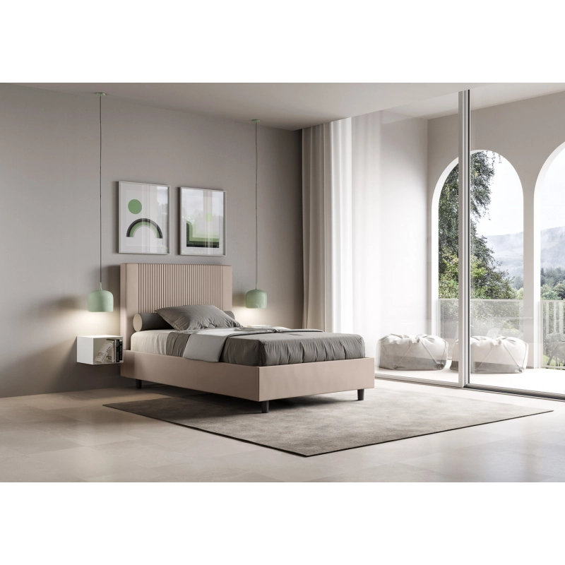 Letto imbottito Matrimoniale francese 140x190 cm Goya - Similpelle,Tortora,Contenitore