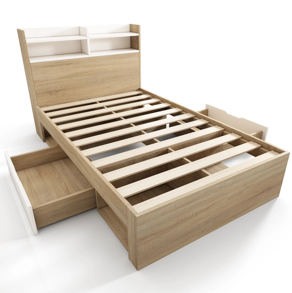 Letto singolo con contenitore 90x190 cm bianco e rovere; testiera con ripiani e 2 cassetti