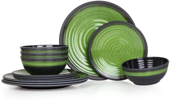 Servizio da tavola in melamina per 4 persone, 12 pezzi, lavabile in lavastoviglie, design marmo verde