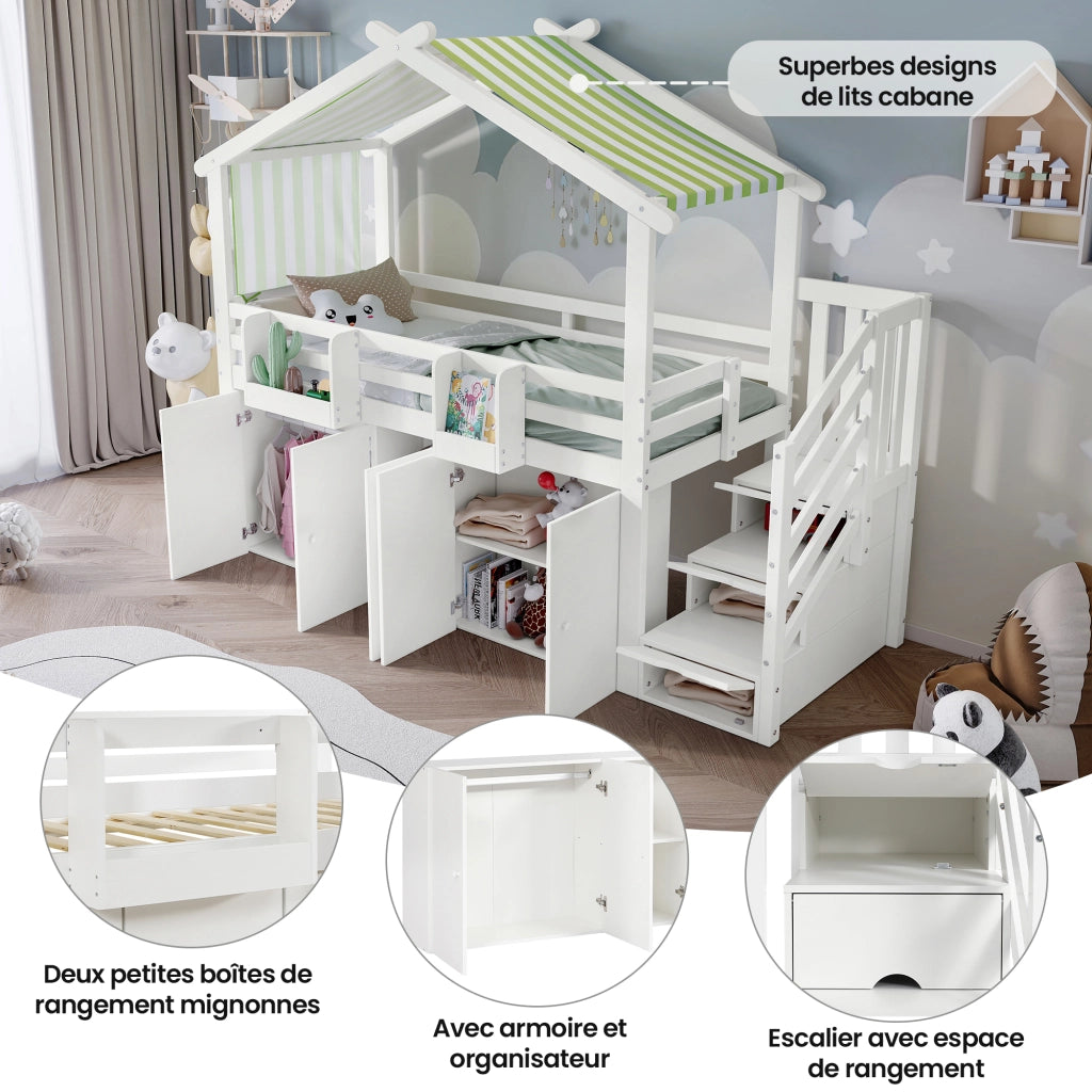 Letto a Castello 90x200 cm con Armadio; 3 Scomparti Scala; Tetto; Bianco Verde