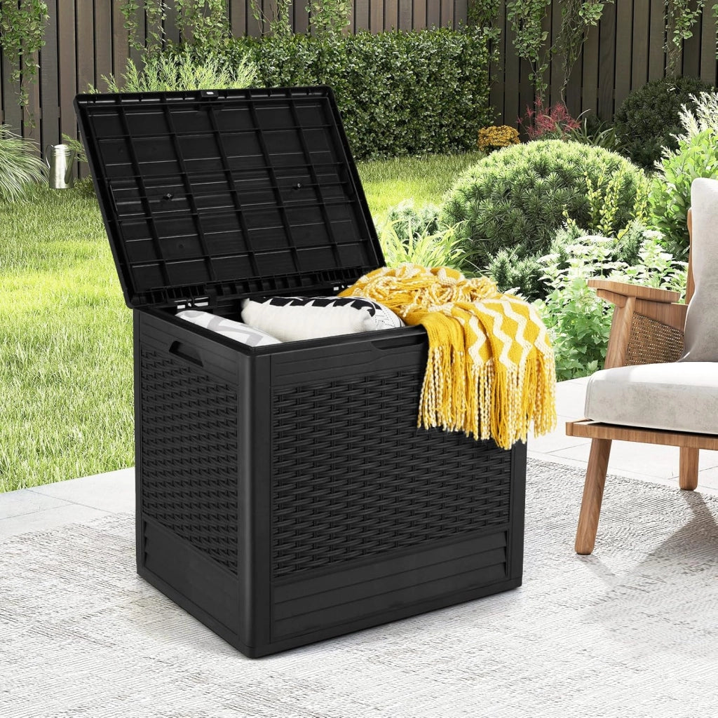 Baule da Esterno 96 L, Cassapanca Contenitore Impermeabile con Effetto Rattan, Coperchio Bloccabile e Maniglie, per Giardino, Patio e Piscina, 58 x 43,5 x 53 cm (Nero)