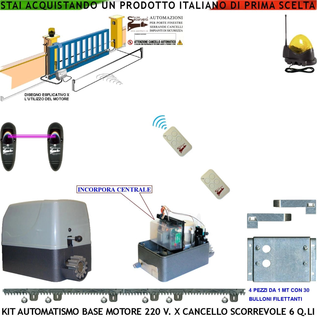 KIT AUTOMAZIONE CANCELLO SCORREVOLE 6 QUINTALI MOTORE 220 V 4 METRI CREMAGLIERE 2 TELECOMANDI FOTOCELLULE FARO ANTENNA