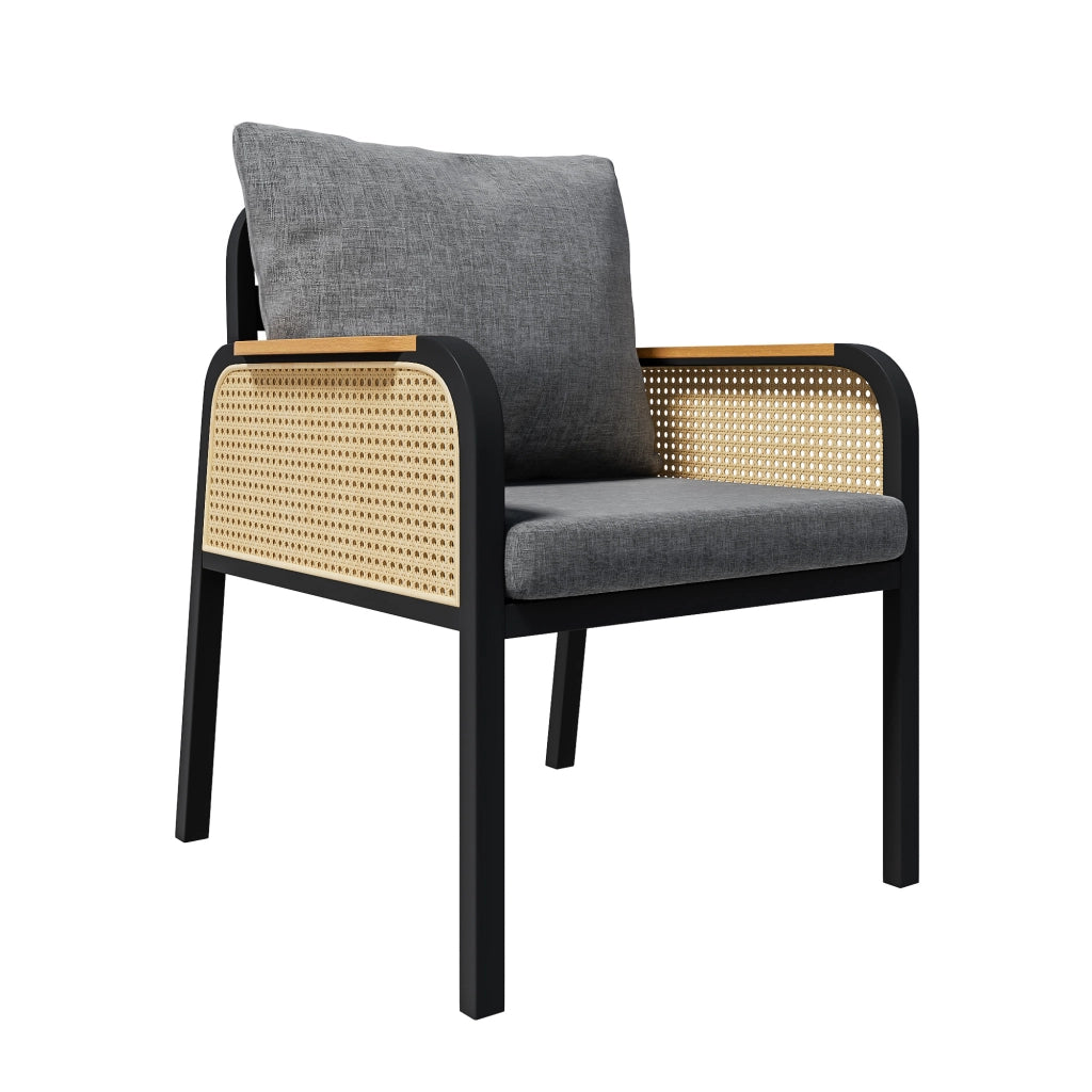 Set da pranzo da esterno con tavolo e 6 sedie in ferro, rattan PE nero e naturale