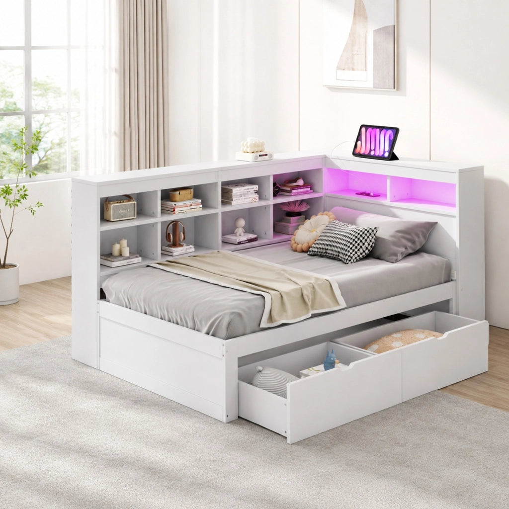 LETTO divano 90x200 cm con cassetti USB LED in legno bianco