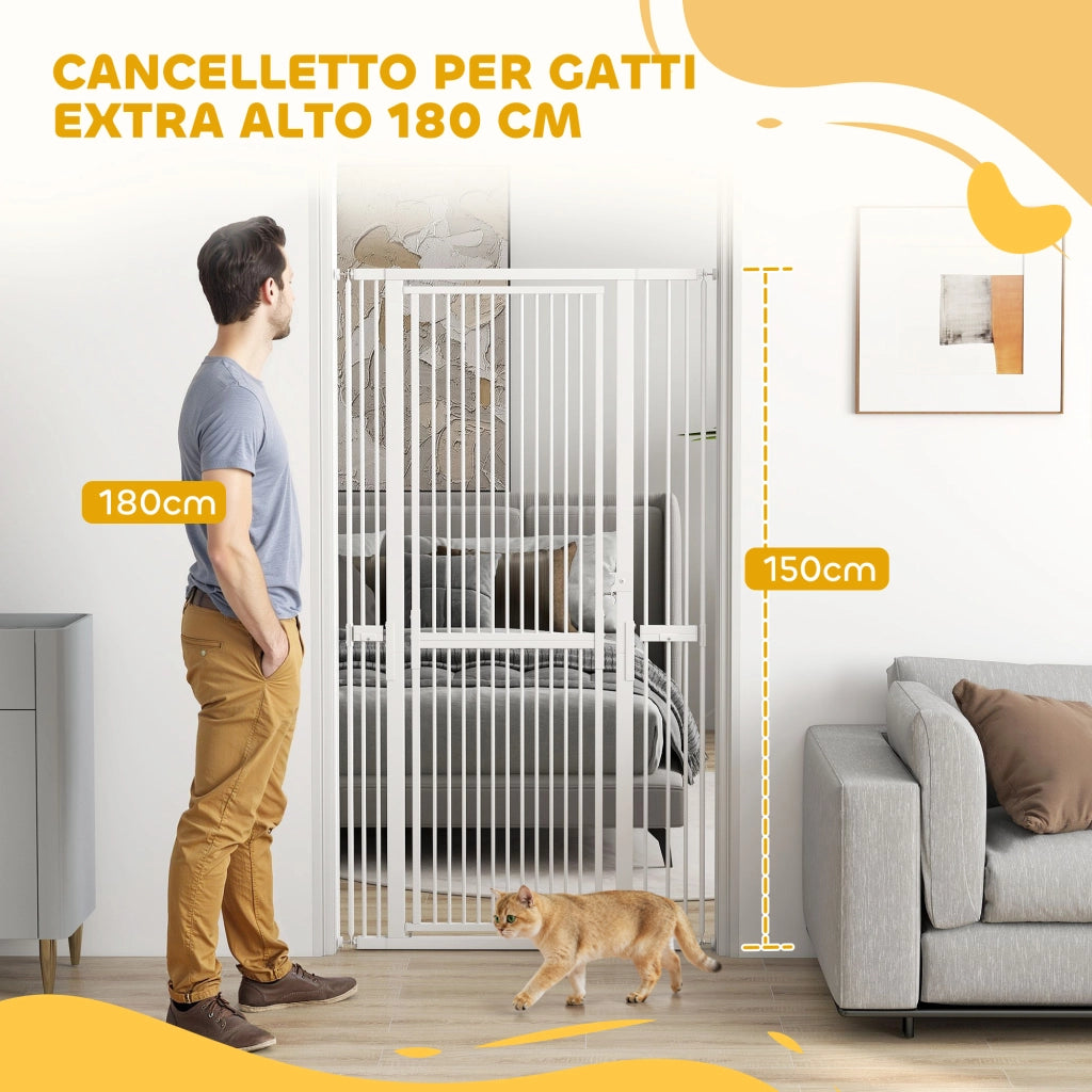 Cancello per Cani e Gatti Alto 180 cm Estensibile da 76-104 cm e Montaggio a Pressione Bianco