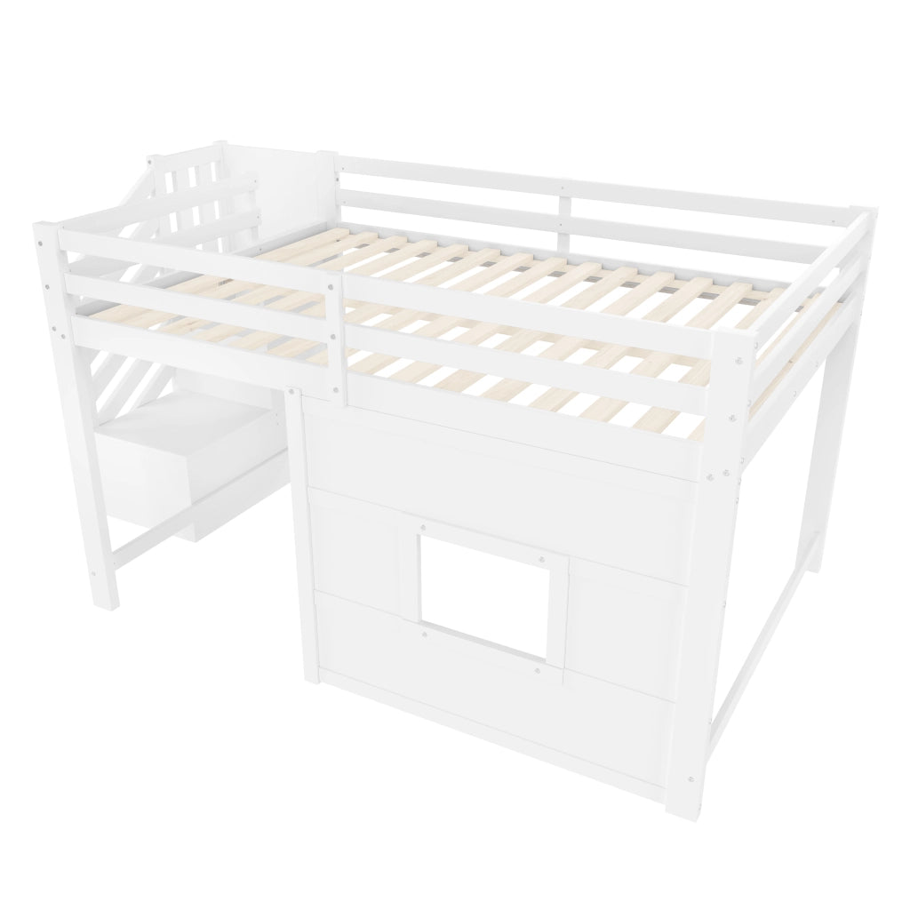 Letto a Soppalco 140x200 cm con Scala Contenitore; Finestra e LED - Bianco