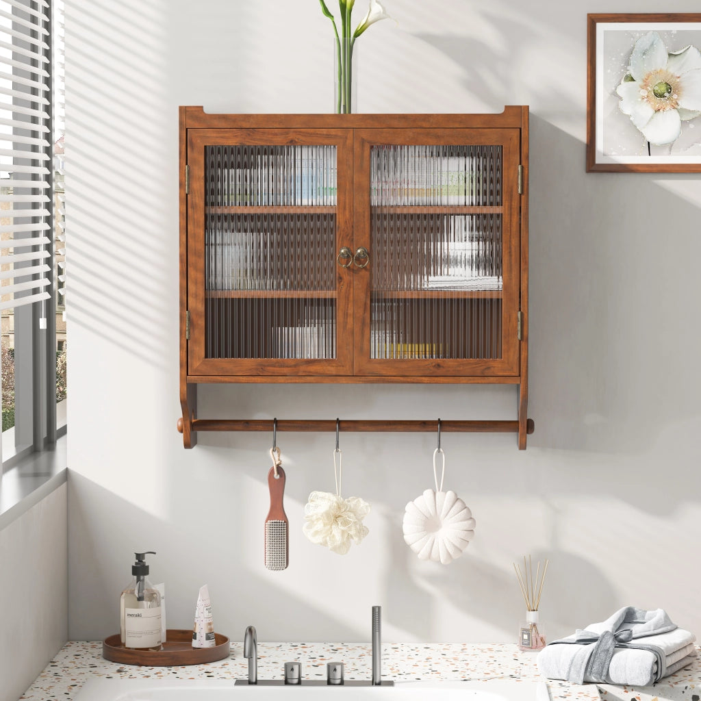 OKWISH Pensile da Parete con 2 Ante in Vetro, 3 Ripiani e Portaasciugamani, per Bagno o Cucina, 63 x 18 x 60 cm