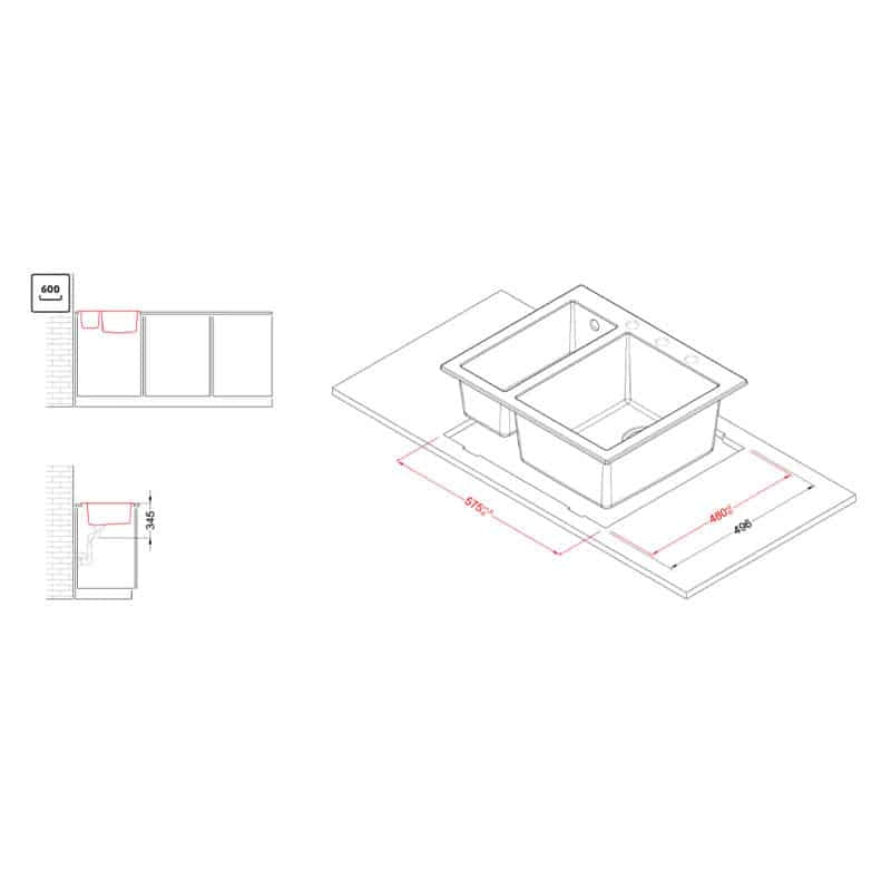 Lavello Elleci Incasso 2 vasche 59x50 Quadra 150 Keratek Plus Grigio Dark Grey LKQ15099