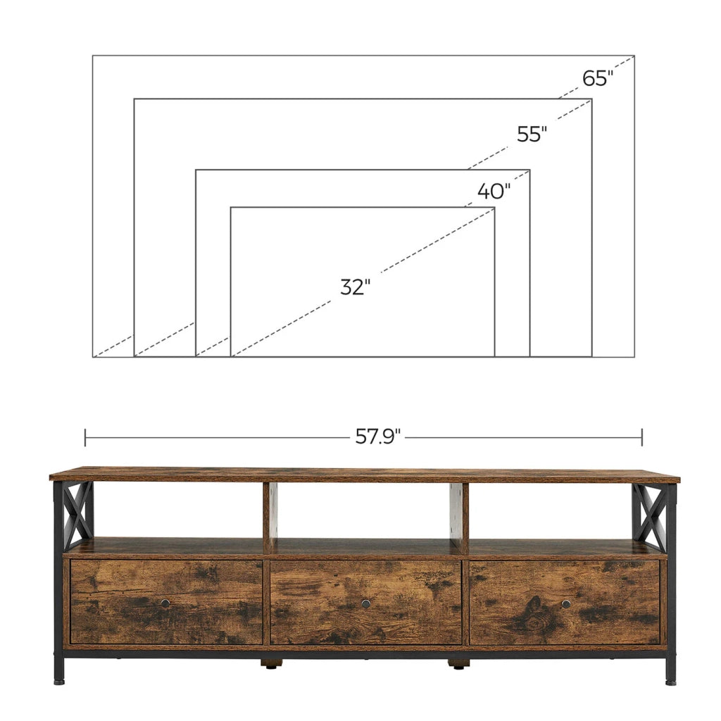 Mobile porta TV/contenitore per TV fino a 65 pollici con 3 cassetti e ripiani 147 x 40 x 50 cm stile industriale/country struttura in acciaio marrone 12_0006549