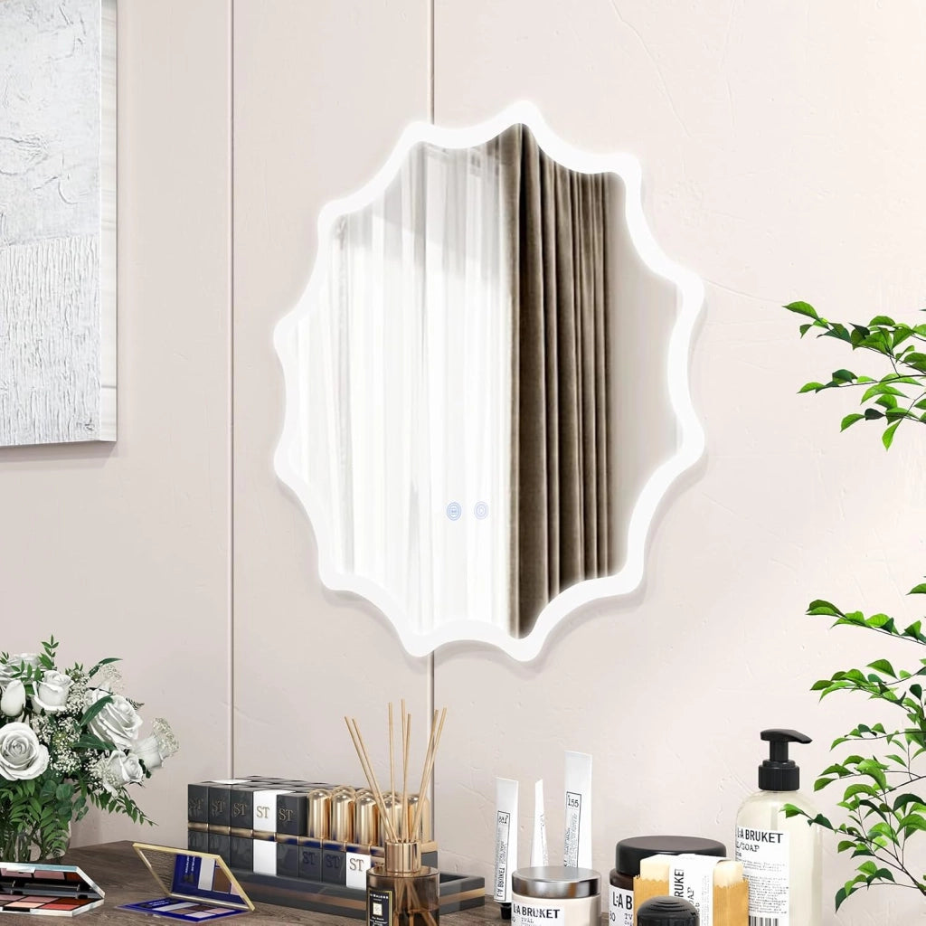 60x60cm Specchio da Bagno a LED, Specchio da Parete Rotondo con Bordo Ondulato, Luci 3 Colori e Anti-appannamento, Specchio per Trucco Illuminato Regolabile con Luce Anti-esplosione e Pulsante
