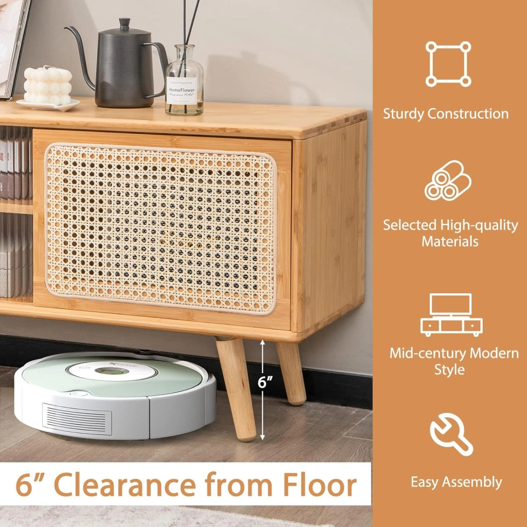 Mobile TV da 120 cm con 2 Ripiani，Supporto TV in Bambù, con Porte Scorrevoli in Rattan e Vetro Temperato,120,5x31x45,5 cm