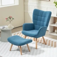 Poltrona con Pouf Poggiapiedi, Poltrona Relax in Velluto, Poltrona con Braccioli, Gambe in Legno, per Soggiorno, Blu
