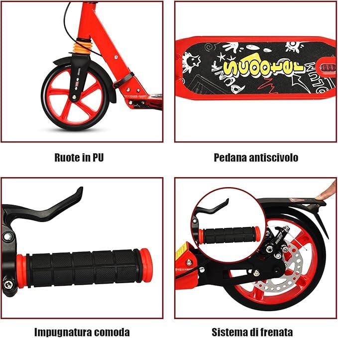 Monopattino Bambini e Adulti, Monopattino a Spinta Pieghevole e Regolabile in 3 Altezze, Monopattino Portatile con 2 Ruote, Cavalletto, Freno e Pedale Antiscivolo, Portata 100 kg