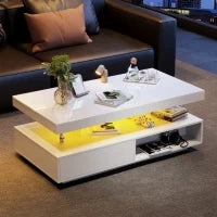 Tavolino da caffè bianco lucido con 4 inserti in vetro, 2 cassetti e 2 vani aperti, Bianco