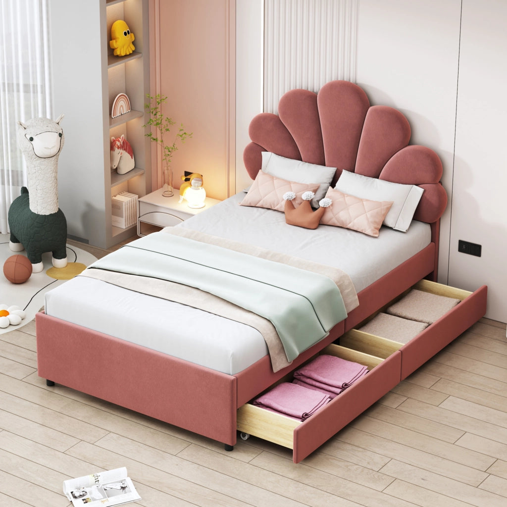 Letto imbottito 90x200 cm; 2 cassetti; velluto; rosa (Senza materasso)