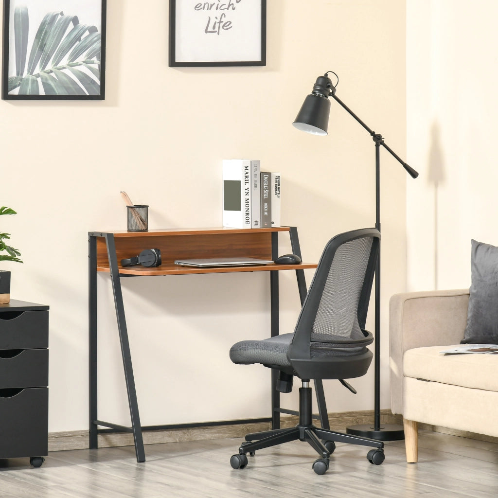 Scrivania lineare moderna con vano portaoggetti e passacavi, in MDF, per home office e studio, noce, 84 × 45 × 85 cm
