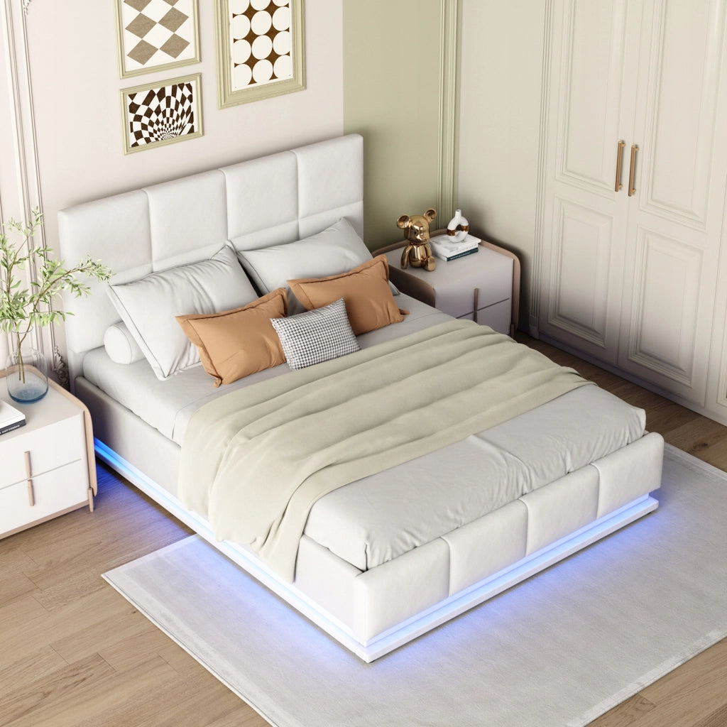 Letto imbottito 140x200 con LED, idraulico, bianco - Xylo