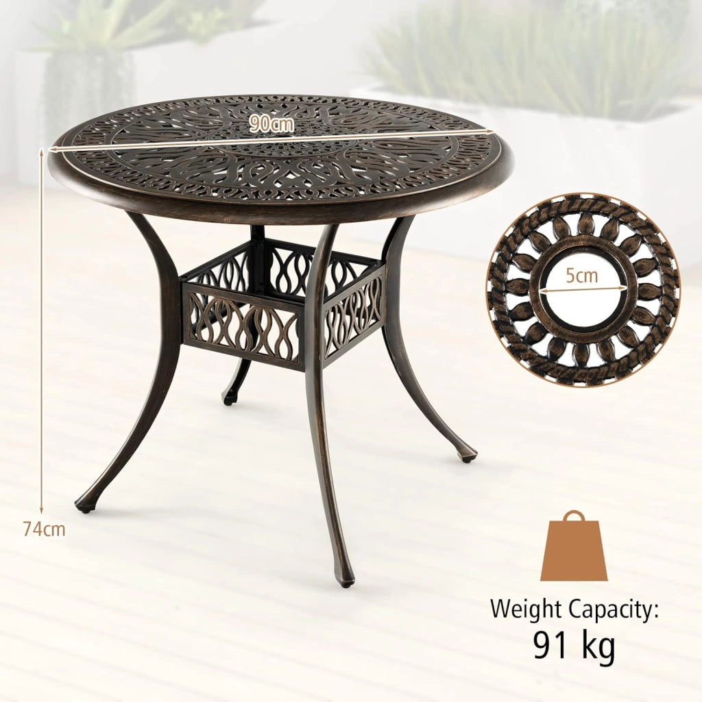 Tavolo Bistrò Rotondo da Giardino e Balcone, φ90 cm, con Foro per Ombrellone φ5 cm, Tavolino da Caffè in Metallo Resistente alle Intemperie, Colore Bronzo
