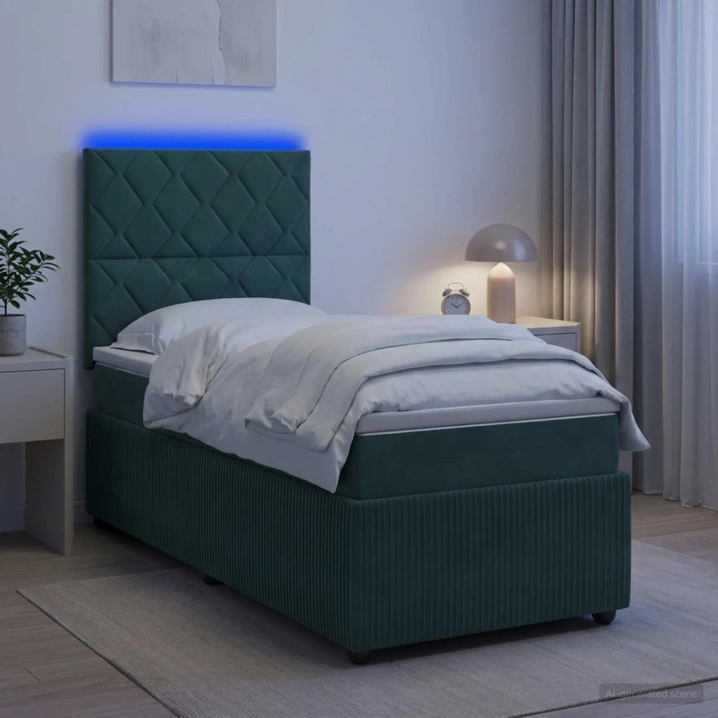 Letto Box Spring LED con Materasso Verde Scuro 90 x 190 cm 3455984
