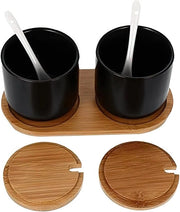 Set di zucchero e spezie con cucchiai e coperchio in bambù – ceramico, nero, 2 pezzi