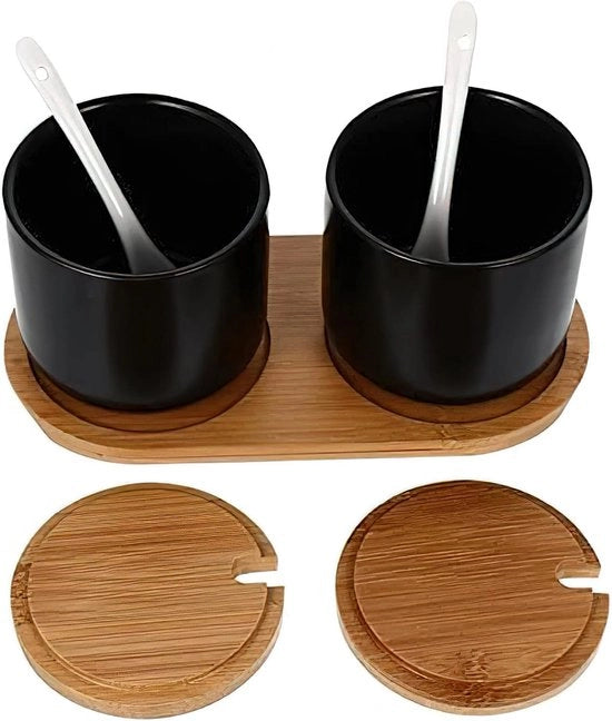 Set di zucchero e spezie con cucchiai e coperchio in bambù – ceramico, nero, 2 pezzi