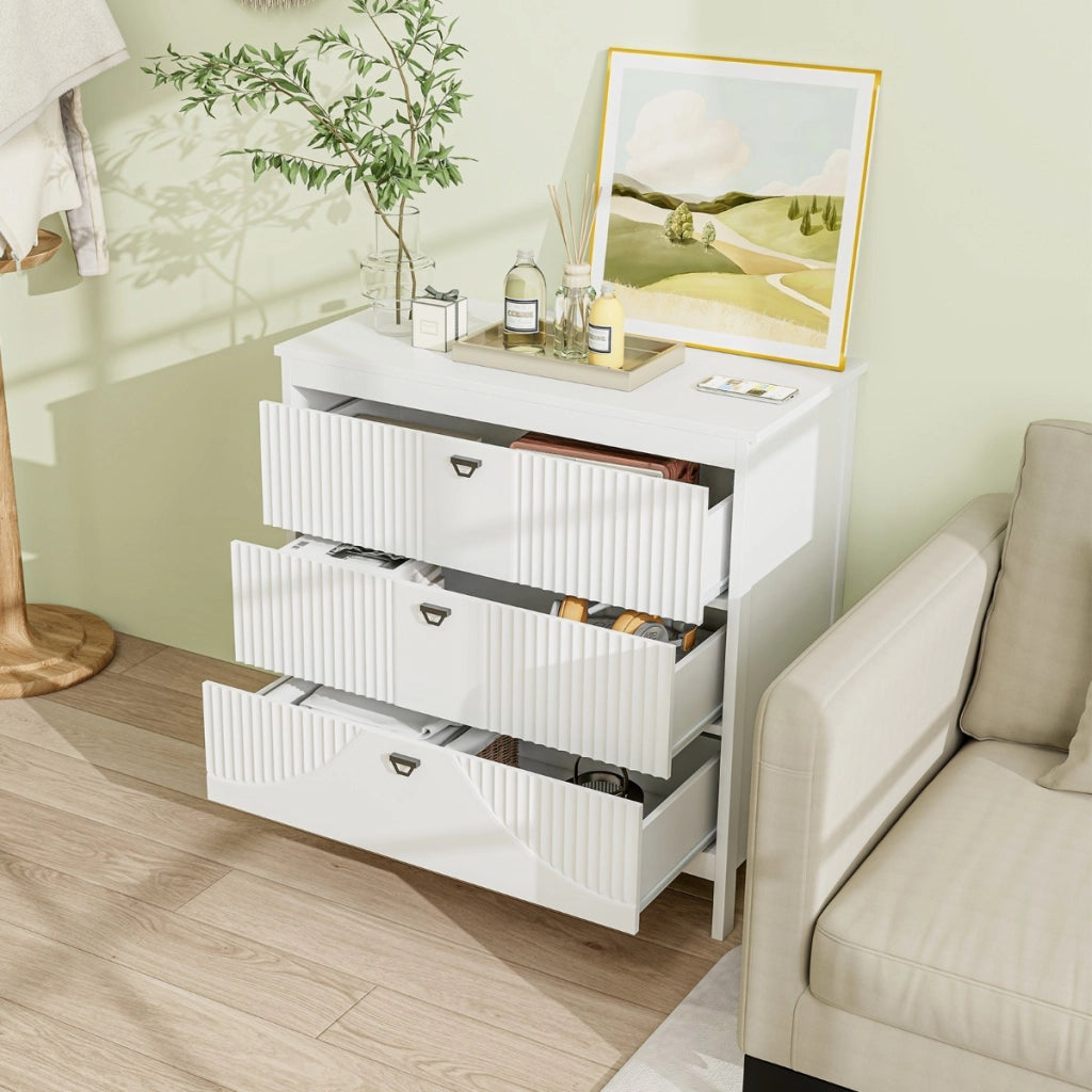 Cassettiera in stile moderno con spazio di stoccaggio, Comodino a 3 cassetti in legno per camera da letto Bianco-Cassettiere