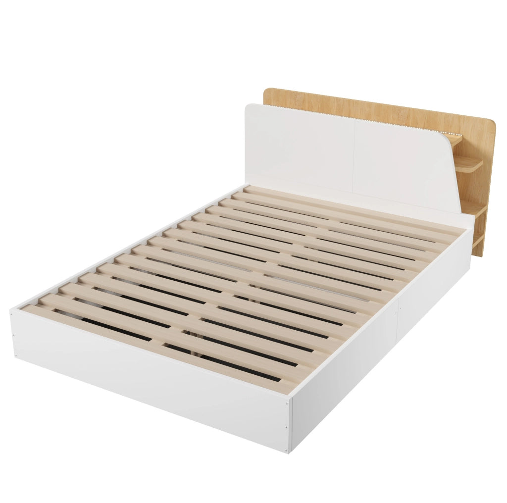 Letto matrimoniale 140x200 cm con contenitore idraulico; LED; USB e USB-C; bianco e naturale