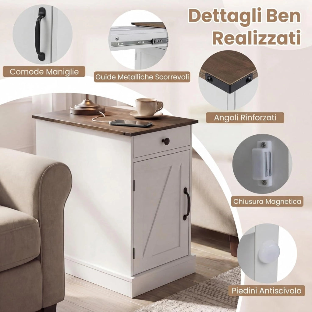 Tavolino da Salotto, Tavolino con Stazione di Ricarica, Coperchio a Ribalta, Cassetto, Vassoio Rimovibile e Armadio, Mobile Versatile in Legno da Letto e Divano (Bianco)