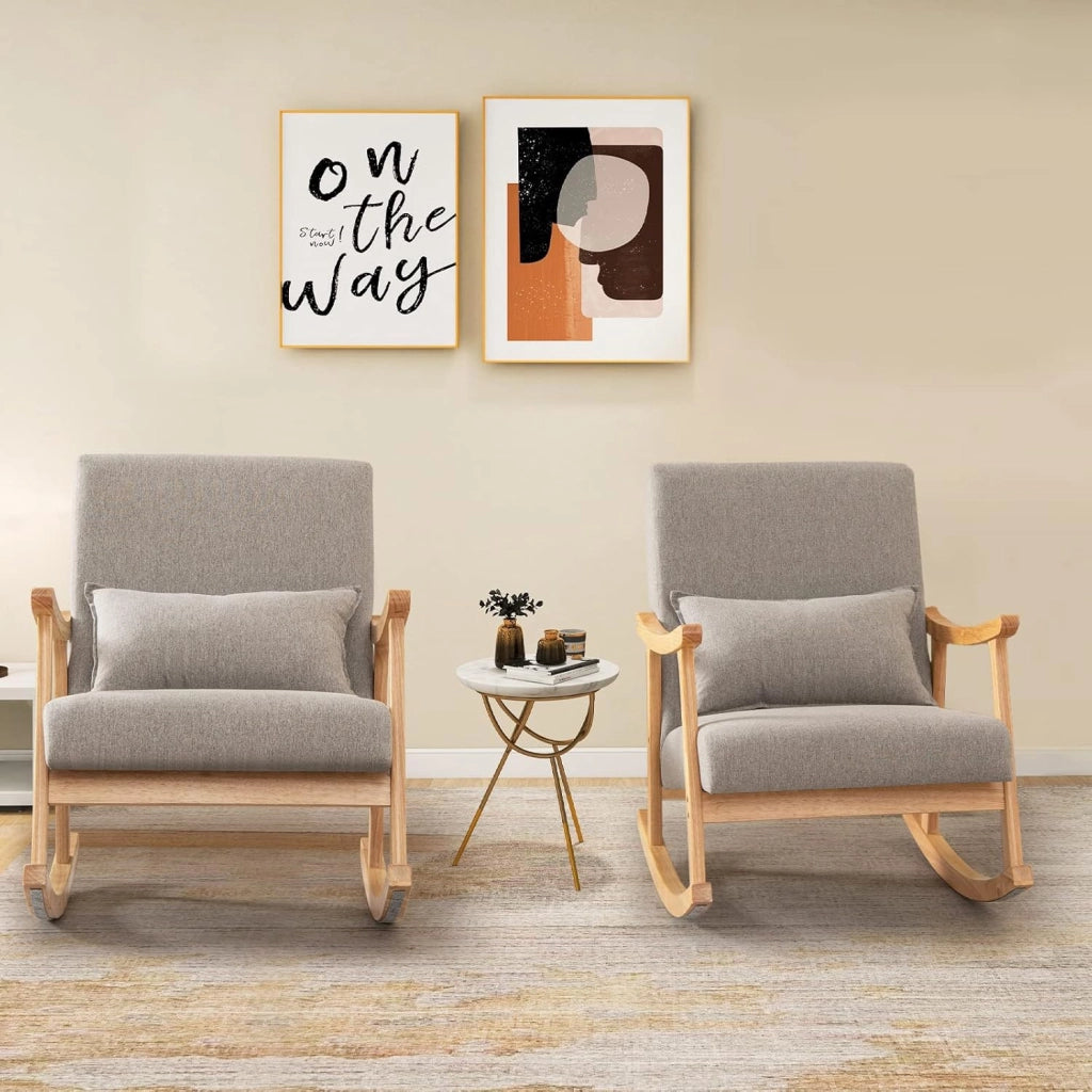 Sedia a Dondolo con Cuscino, Poltrona Dondolo Interno Ergonomica con Schienale Alto, Seduta Imbottito, in Legno di Gomma, per Soggiorno e Camera da Letto (Grigio)