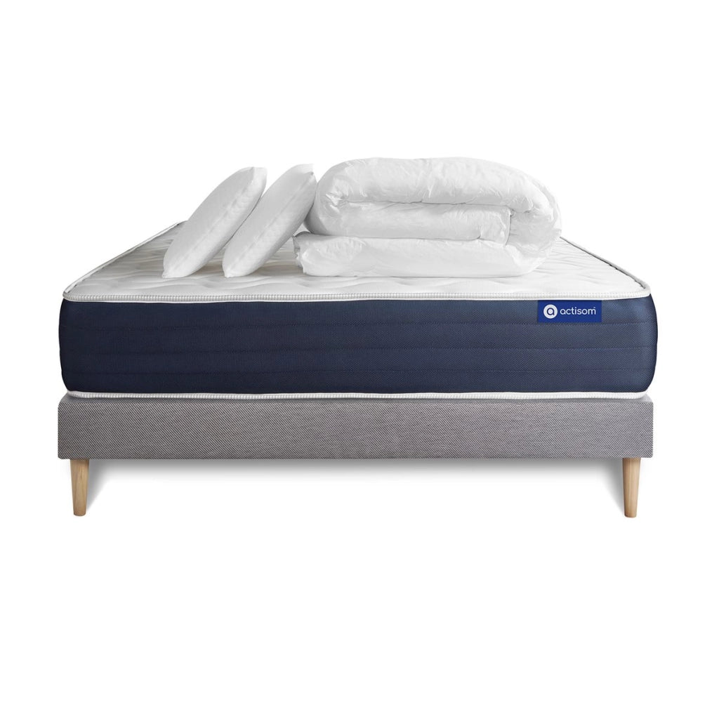 Pacchetto letto completo - Materasso 140x190cm + Box spring con doghe (in kit) + 2 cuscini + Piumino - Actiflex Sleep