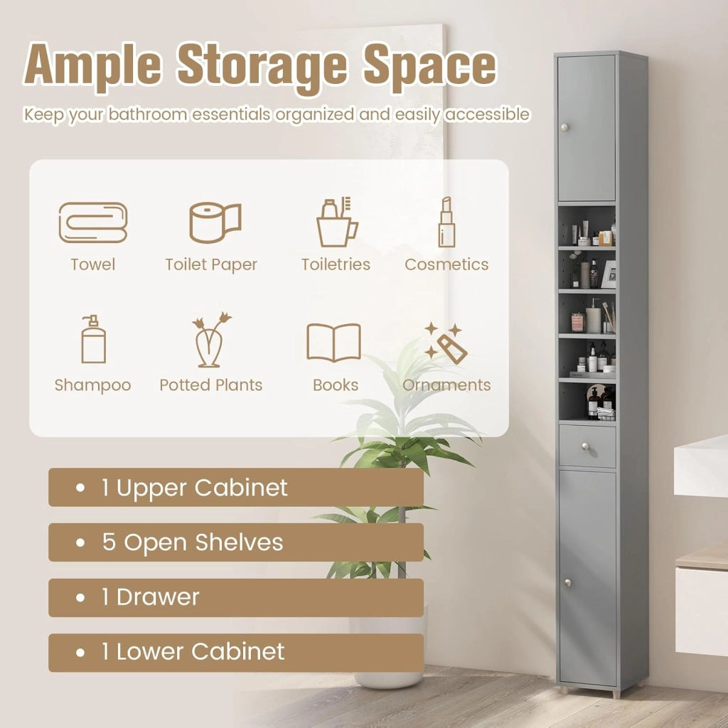 Armadio da Bagno Sottile e Alto con Ante, Mobiletto Bagno Salvaspazio Cassetto e Ripiani Regolabili, Design Moderno, 20 x 20 x 180 cm, 4 Colori