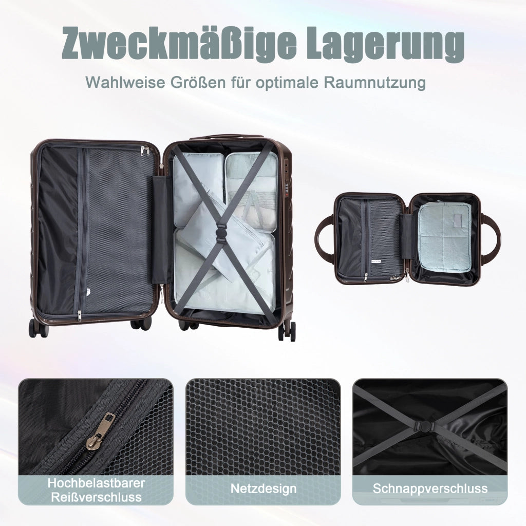 Set di 2 valigie girevoli in ABS da 14"/19" con lucchetto a combinazione e trousse da 14" (marrone)