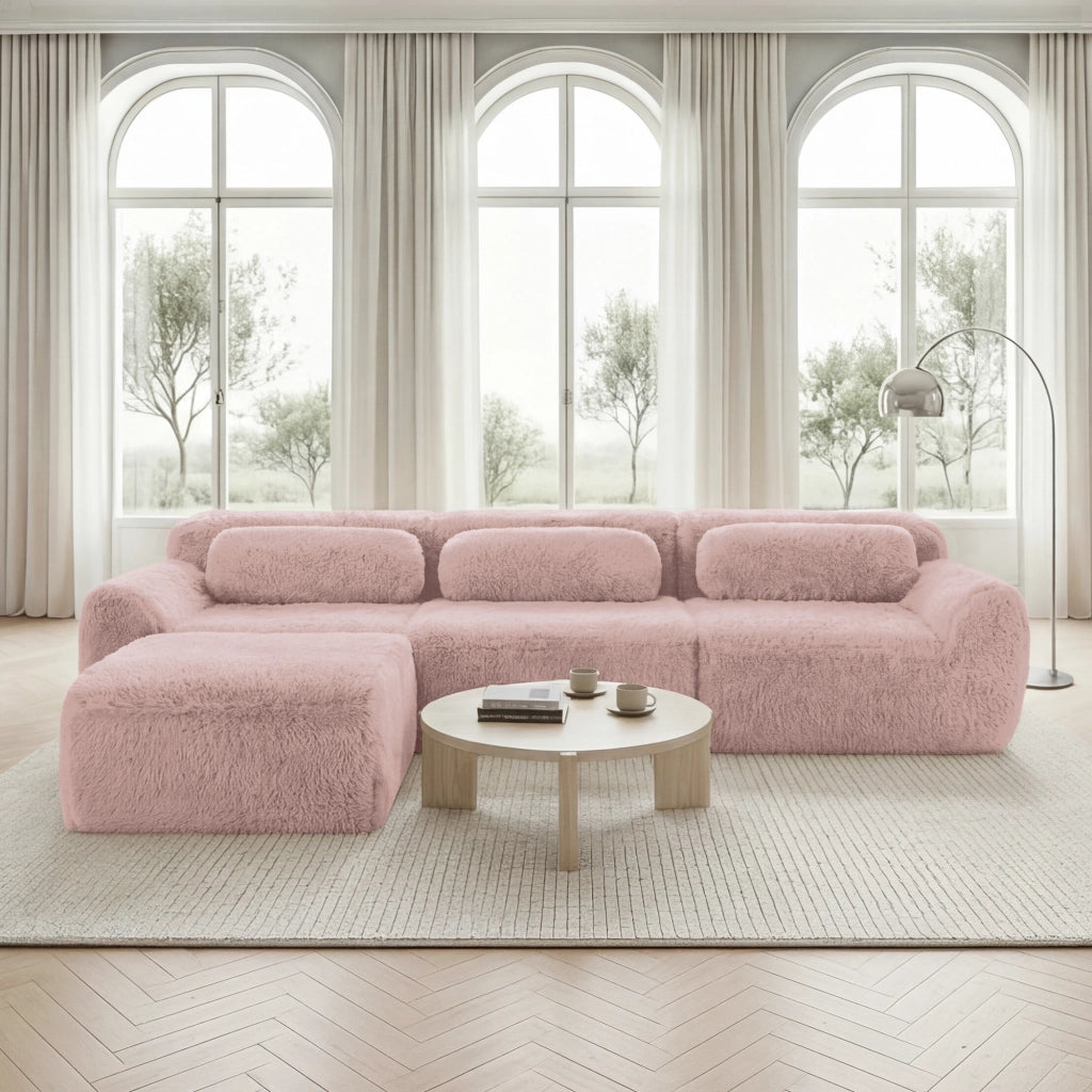 Divano Angolare Modulare ¨C Xylo ¨C Tessuto Plush, Rosa, Cuscini Inclusi