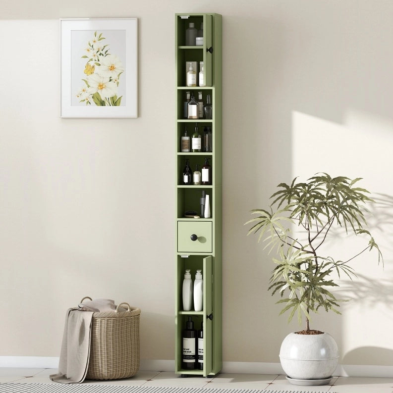 Mobile bagno stretto verde con cassetto e 4 ripiani aperti 20x20x180 cm