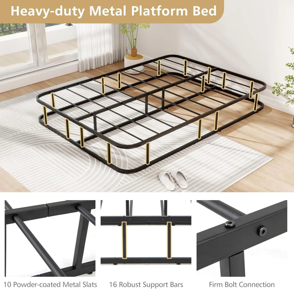 Telaio Letto Matrimoniale in Metallo 140x200 Cm, Struttura Letto Piattaforma con 16 Barre di Supporto, Doghe, Piedi Antiscivolo e Capacità di Carico 300 Kg, Nero