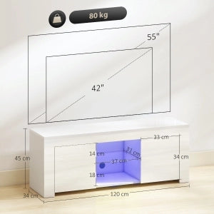 Mobile porta TV con LED RGB 2 ante 2 vani aperti e ripiano in vetro moderno per soggiorno bianco 120 × 34 × 45 cm