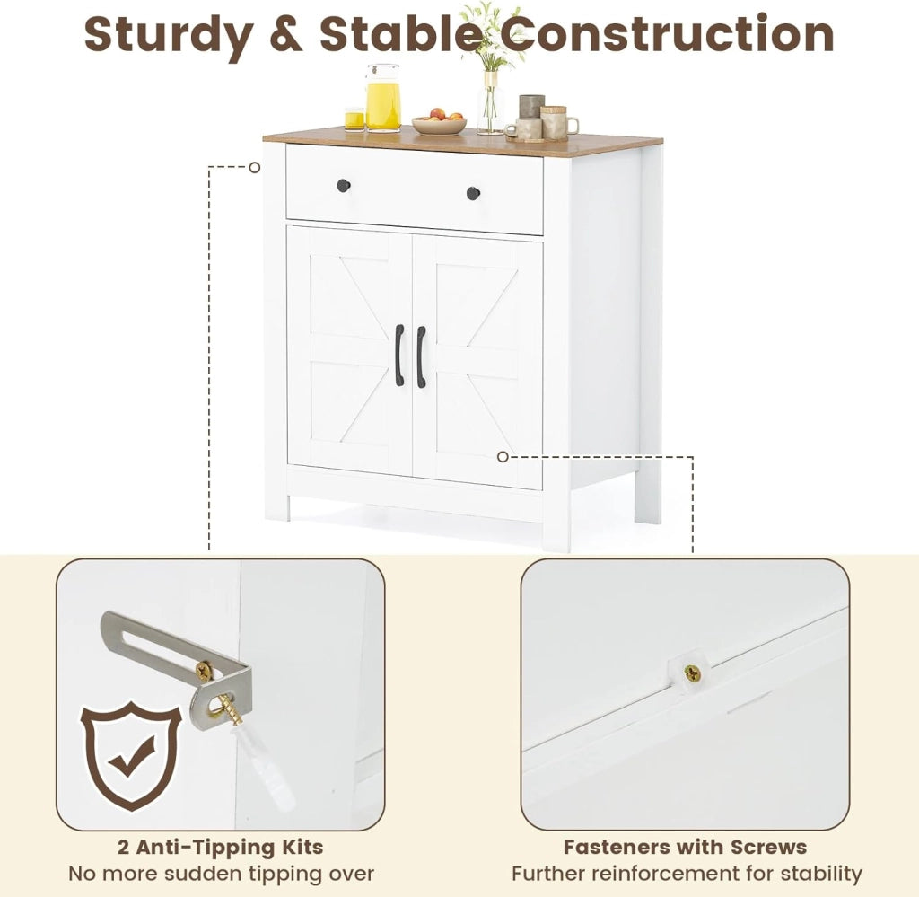 Credenza Cucina con Ripiano Regolabile, Mobile Buffet con 2 Ante e Cassetto, Mobiletto Multiuso per Sala da Pranzo, Soggiorno, Ingresso, Corridoio, 76 x 40 x 85 cm (L x P x A), Bianco