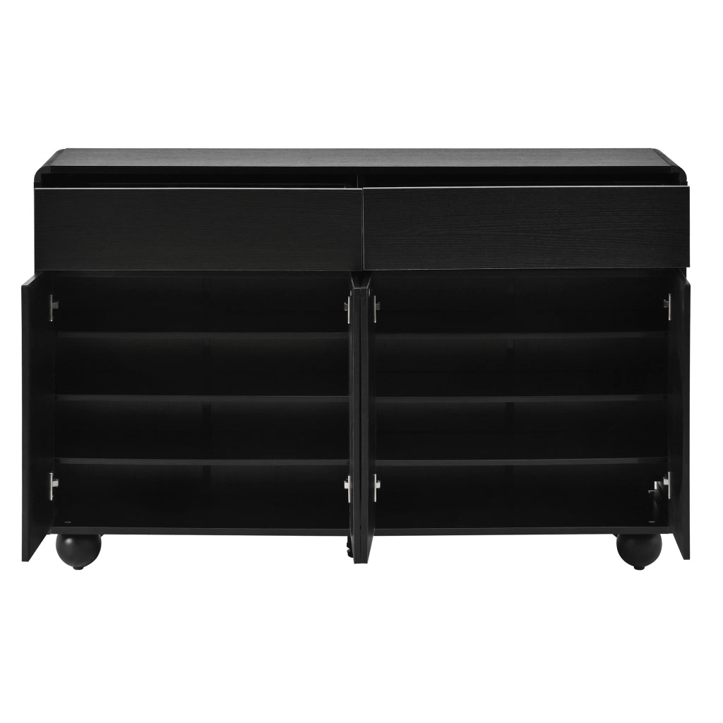 Credenza, mobile contenitore, 2 cassetti, decorazioni a rilievo ad arco, in MDF, piedini metallici rotondi, nero