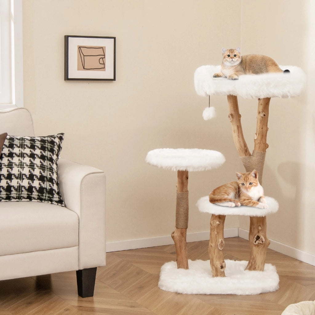 Albero per gatti in legno alto 110cm con piattaforma pali in corda di juta, Torre per gatti in peluche lunga Bianco