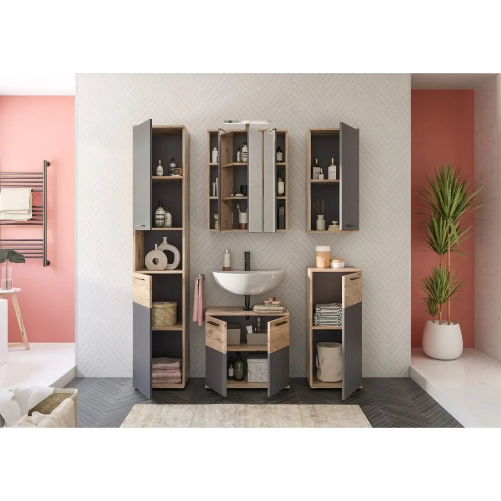 Set da bagno: Mobile sottolavabo + colonna + armadietto con specchi - Grigio antracite e rovere chiaro -
