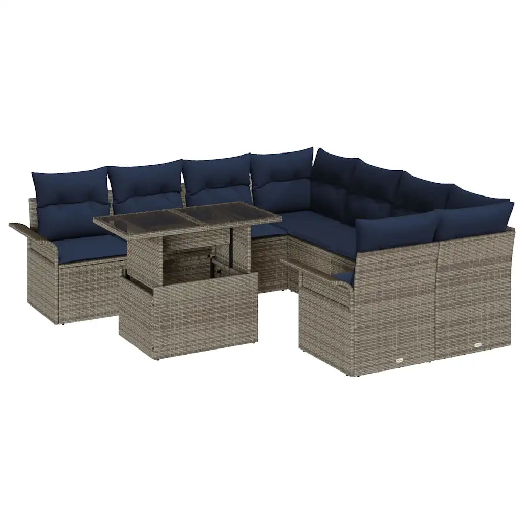 Set Divano da Giardino con cuscino 9 pcs Grigio Poly Rattan