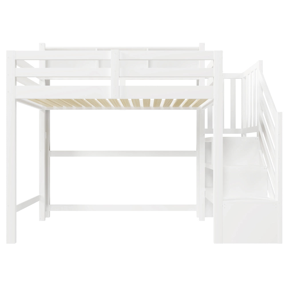 Letto a soppalco 90x200 cm con LED; scala contenitore e vani aperti bianco