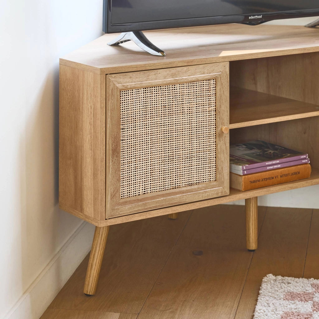 Mobile tv in legno e canna, 2 ante, 1 ripiano, 115cm, marrone naturale