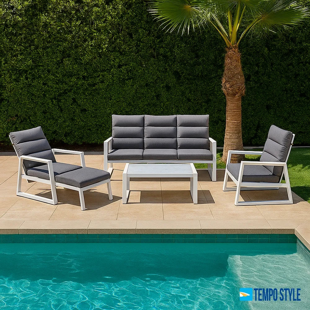 Tempo Style - Salottino Lounge in alluminio MIKONOS PLUS bianco/grigio | Lounge da giardino con divano, tavolo, 2 poltrone e cuscini | Set di mobili da giardino in metallo da 5 persone